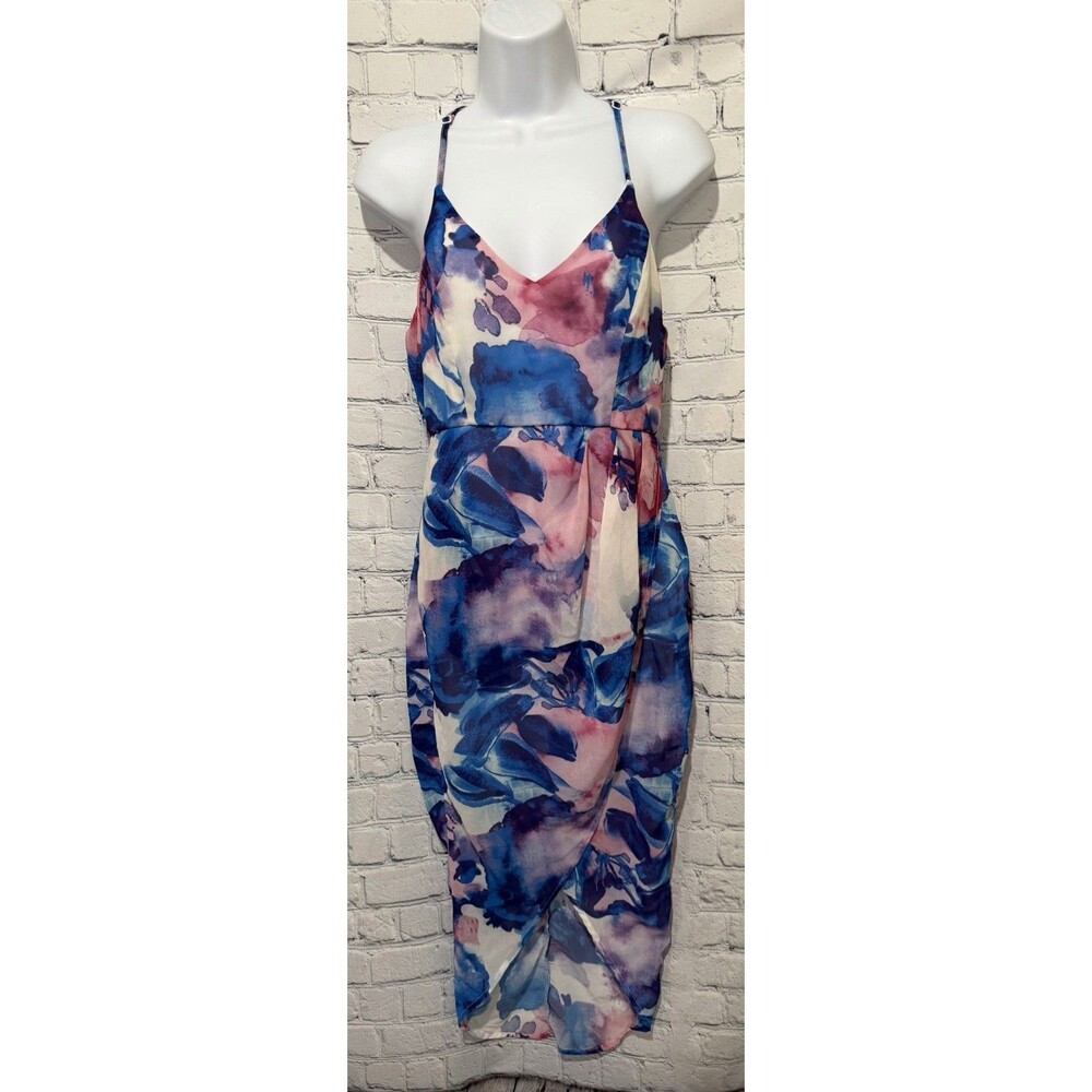 L'Atiste Pink And Blue floral watercolor wrap midi Spaghetti Strap dress Medium